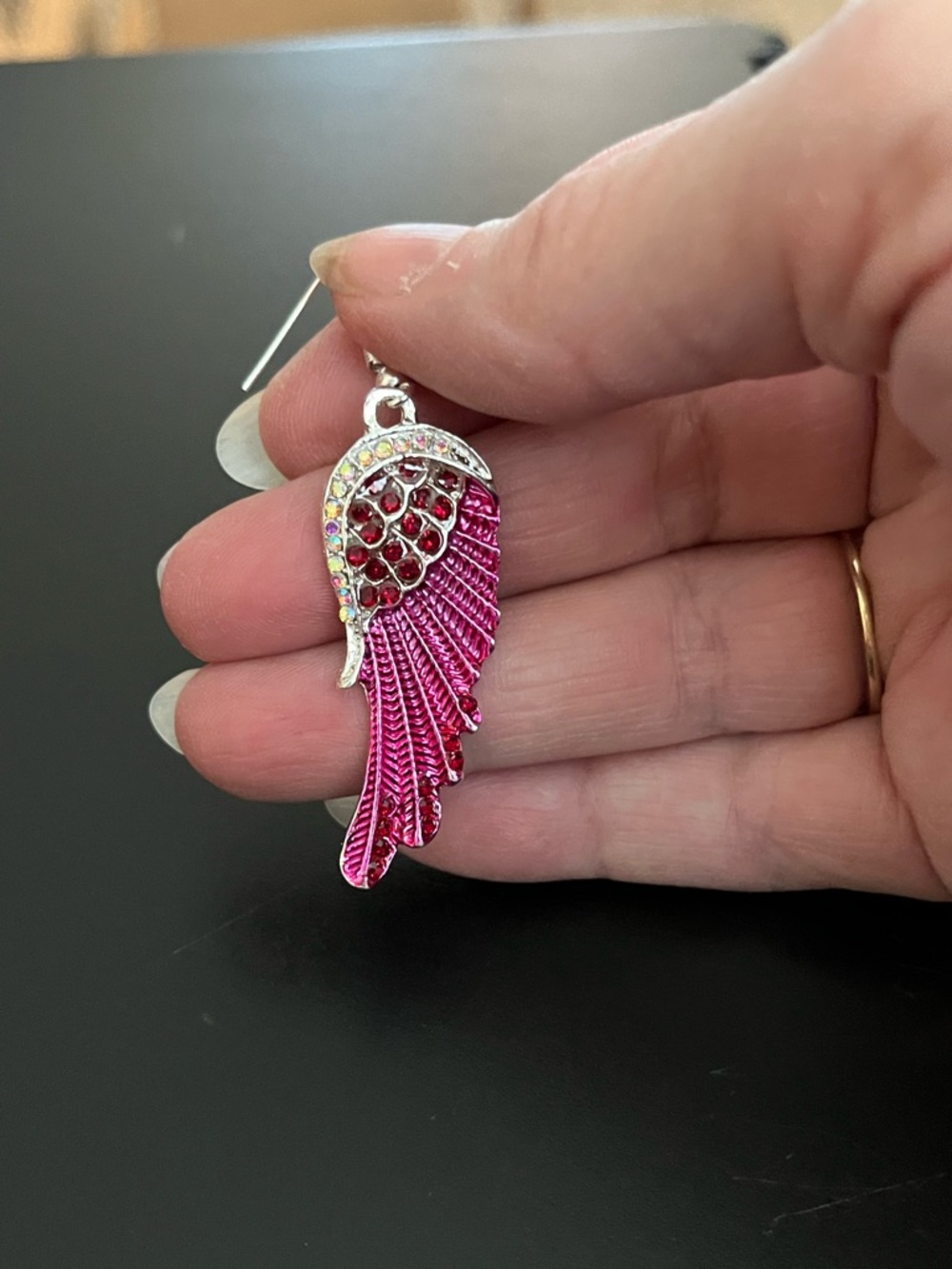 Dark Pink, Red and Silver Angel Wing Drop Earrings   NWT. - Picture 7 of 9